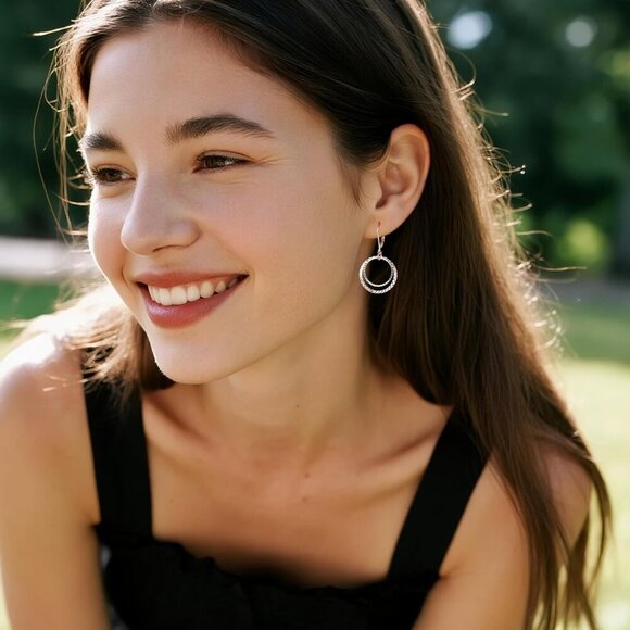 Sterling Silver Circle Leverback Textured Drop Hammered Earrings for Women - Picture 2 of 7